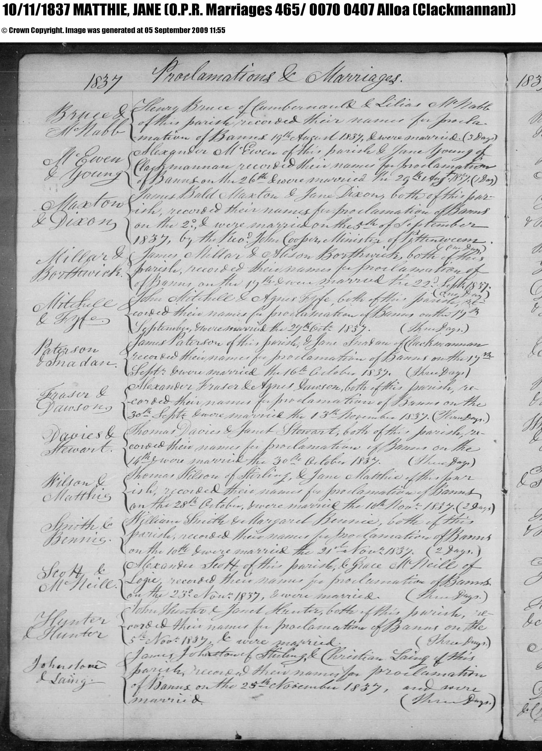 JANE MATHIE AND THOMAS WILSON MARRIAGE 1837, Linked To: <a href='i1900.html' >Thomas Wilson</a>